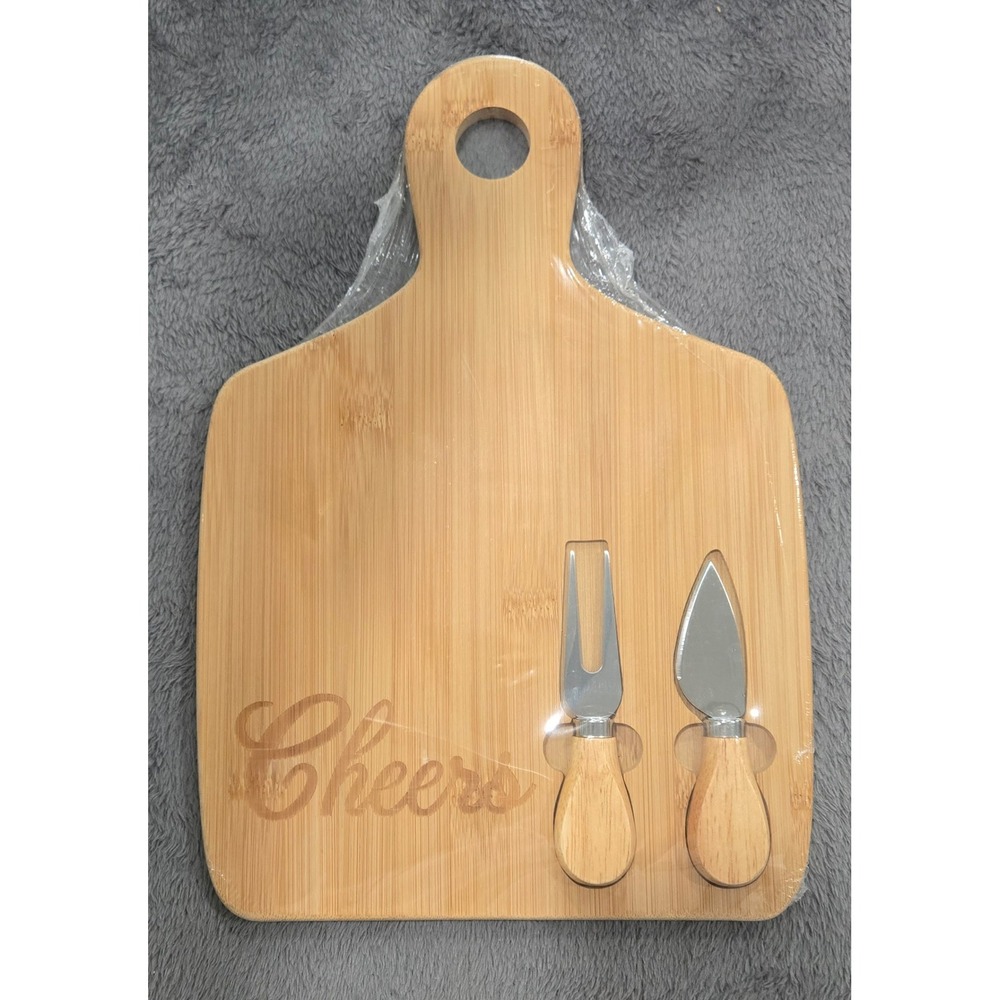 Bamboo Cheese Board Set Cheers Engraved Charcuterie Paddle with 2 Tools New